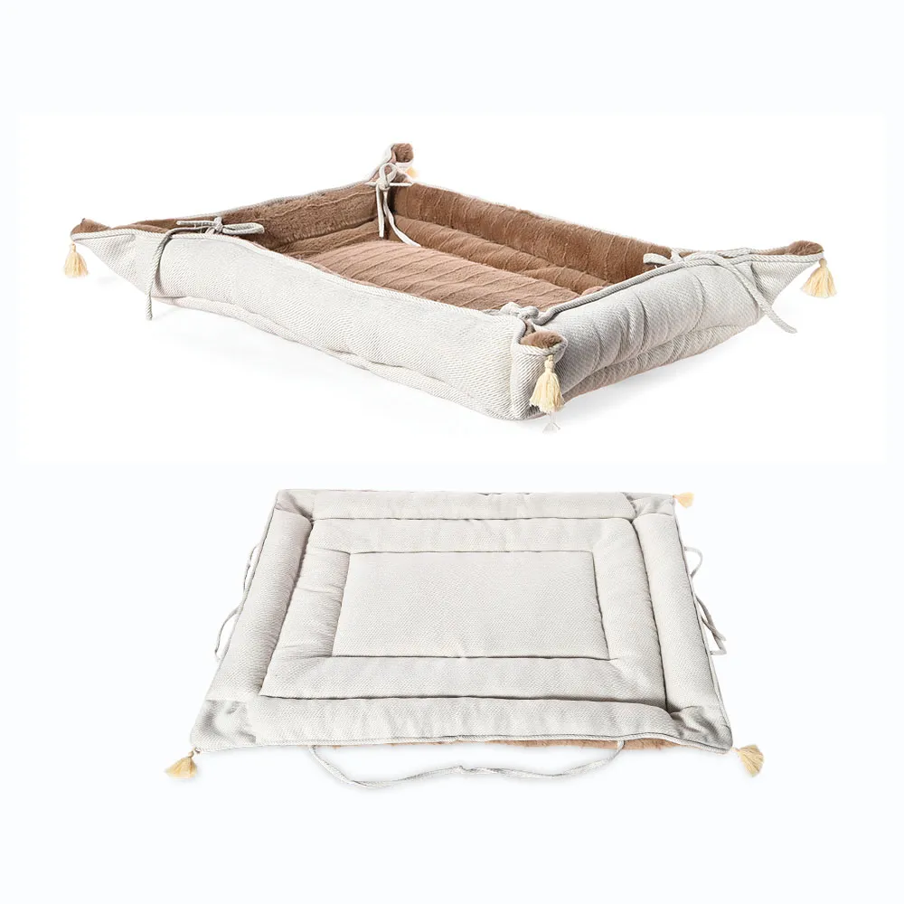 Country Style Dog Beds Tassels Decor Yarn-Dyed Fabric 2 In 1 Mat Cushion Pet Bed