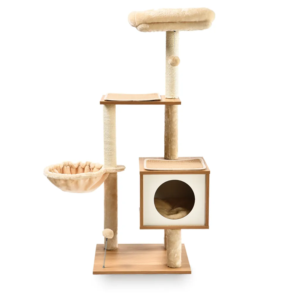Wooden Cat Tower Plush Ball Toy Platform Hommock Condo Best Cat Tree