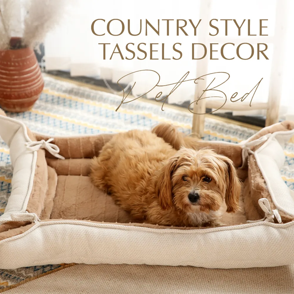 Country Style Dog Beds Tassels Decor Yarn-Dyed Fabric 2 In 1 Mat Cushion Pet Bed - Image 2