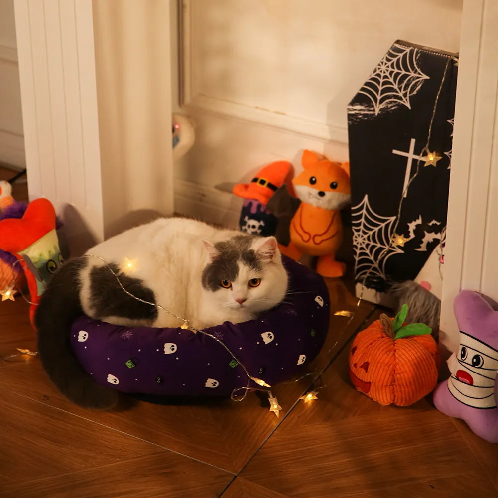 Halloween Pet Bedding Velvet Round Donut Cat Dog Bed - Image 5