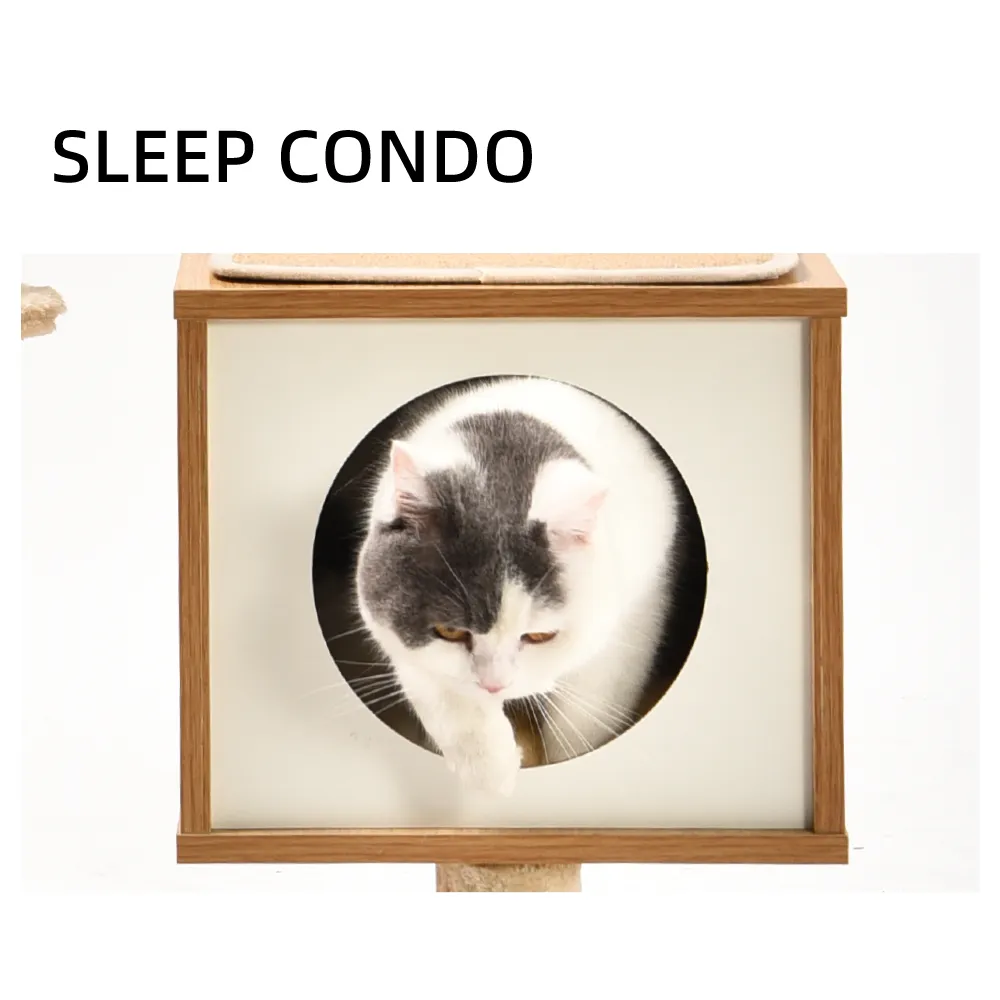 Wooden Cat Tower Plush Ball Toy Platform Hommock Condo Best Cat Tree - Image 4
