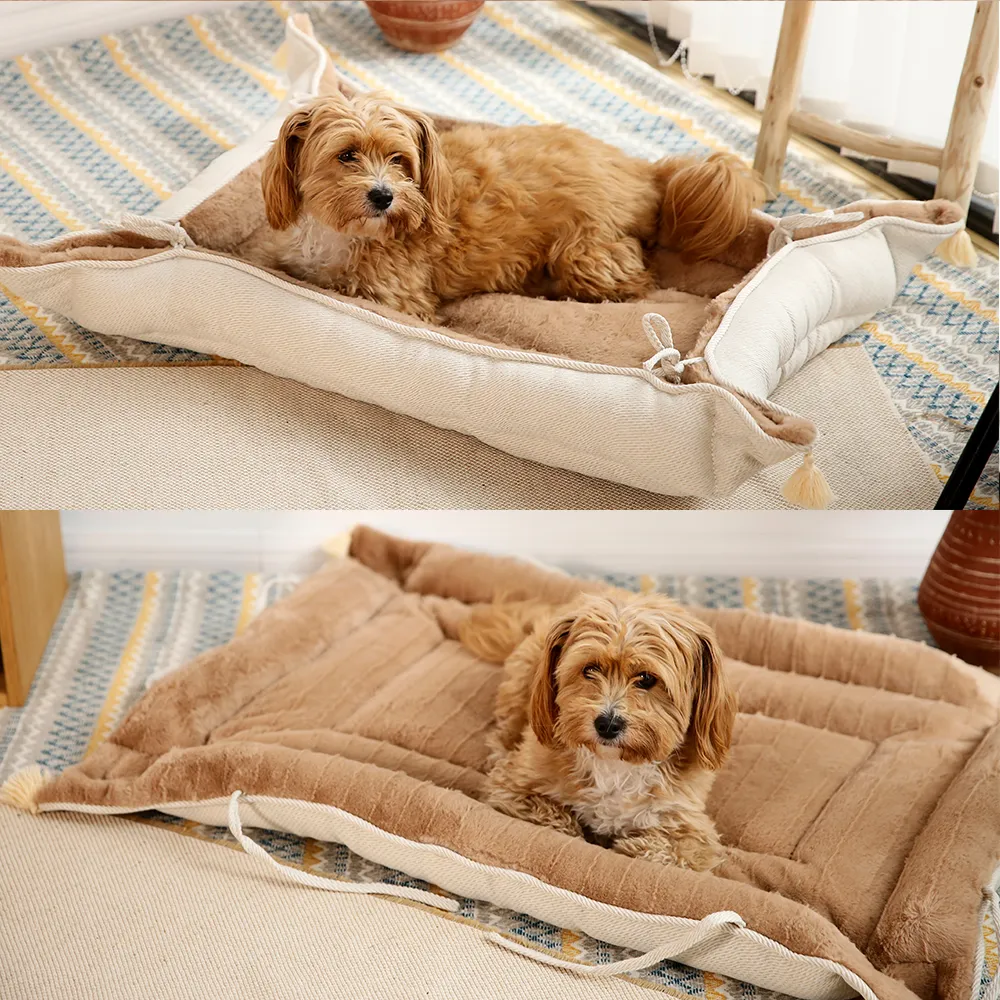Country Style Dog Beds Tassels Decor Yarn-Dyed Fabric 2 In 1 Mat Cushion Pet Bed - Image 6