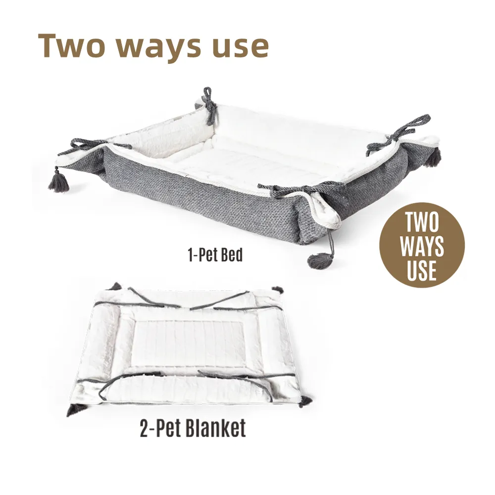 Country Style Dog Beds Tassels Decor Yarn-Dyed Fabric 2 In 1 Mat Cushion Pet Bed - Image 4