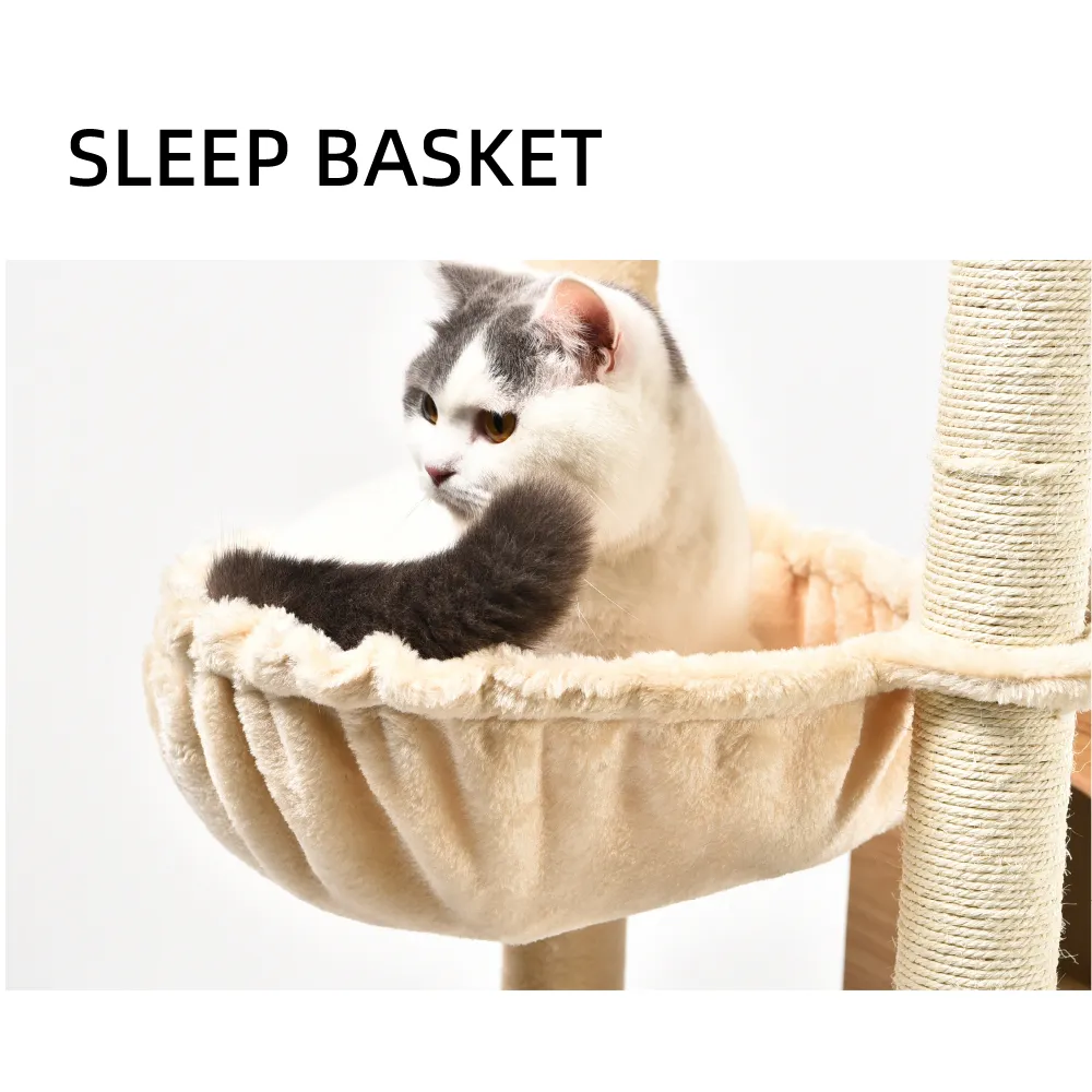 Wooden Cat Tower Plush Ball Toy Platform Hommock Condo Best Cat Tree - Image 5