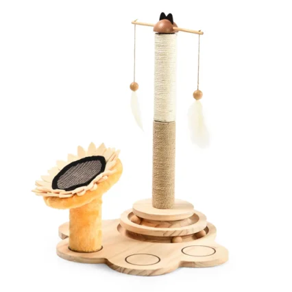 Cat Scratching Post Tower Tree Wooden Ball Feather Toy IQ Training Cat Scratcher