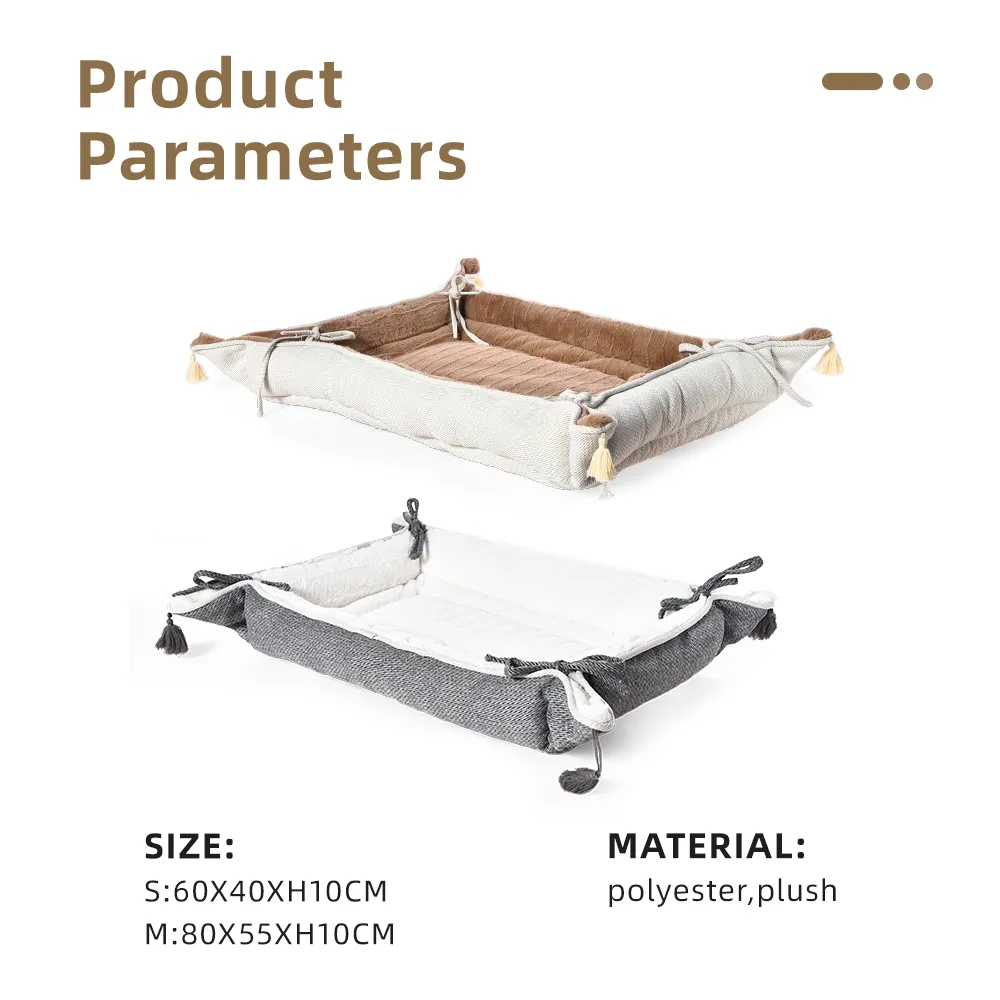 Country Style Dog Beds Tassels Decor Yarn-Dyed Fabric 2 In 1 Mat Cushion Pet Bed - Image 3