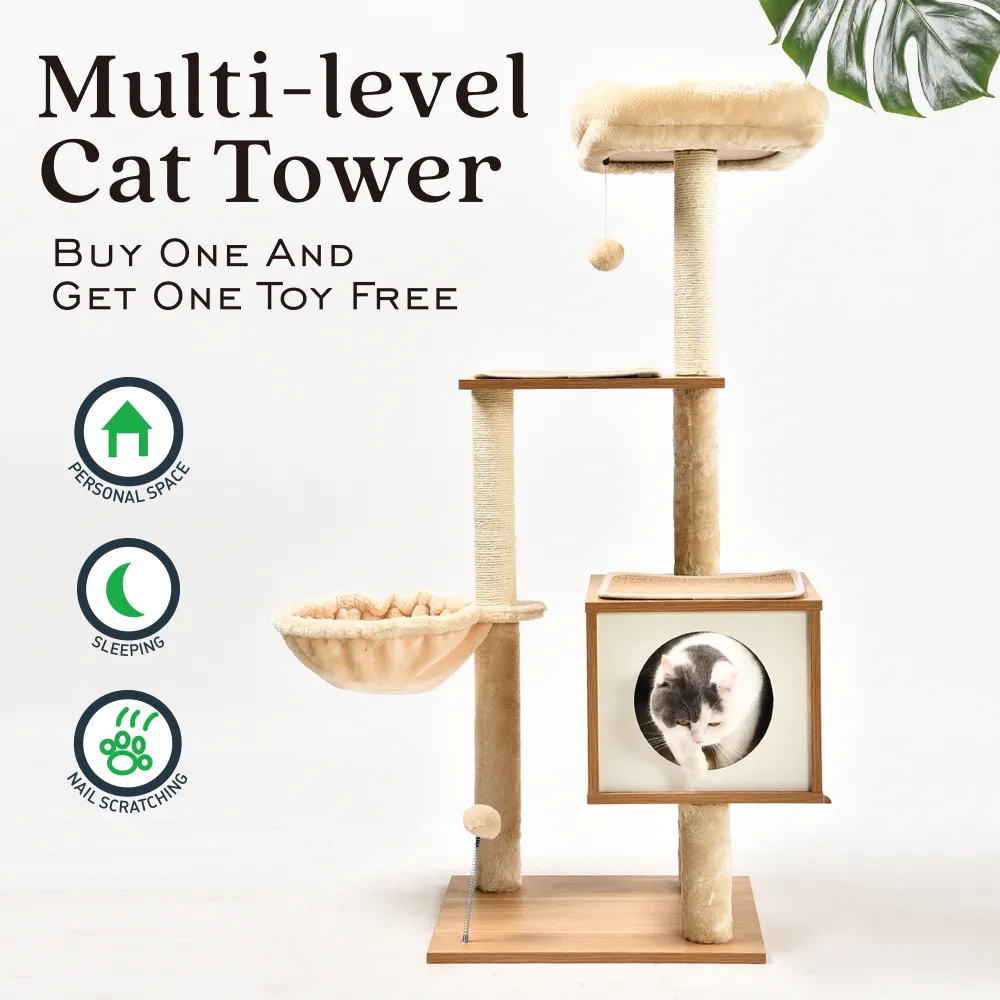 Wooden Cat Tower Plush Ball Toy Platform Hommock Condo Best Cat Tree - Image 2