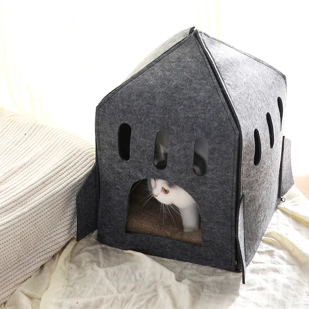 Felted Cat Bed Grey Felt Pet Bed - Image 6