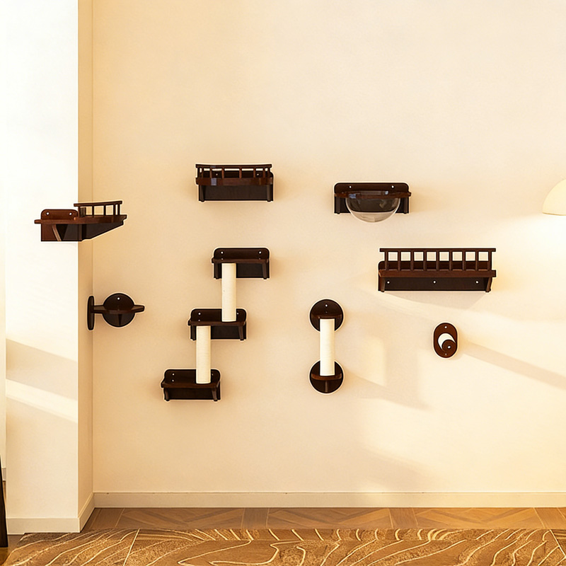 Faux Walnut Wall-Mounted Cat Trees