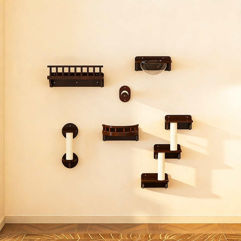 Faux Walnut Wall-Mounted Cat Trees