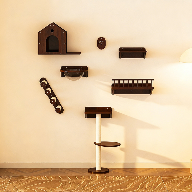 Faux Walnut Wall-Mounted Cat Trees