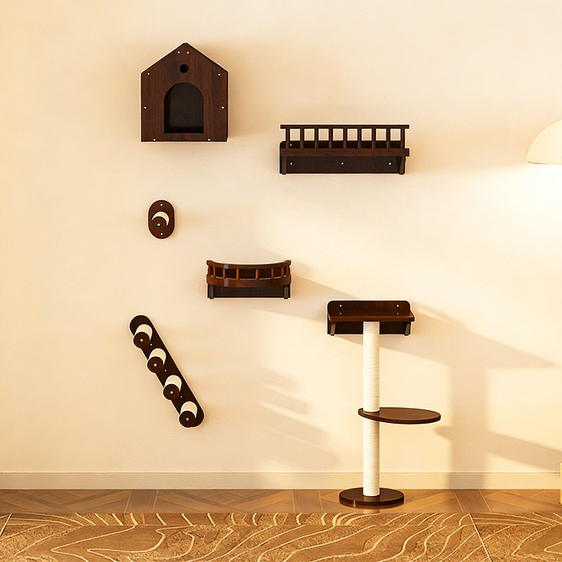 Faux Walnut Wall-Mounted Cat Trees