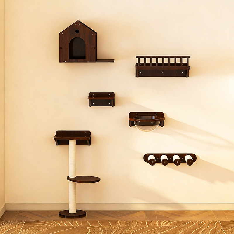 Faux Walnut Wall-Mounted Cat Trees