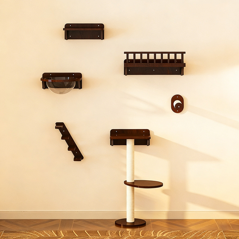 Faux Walnut Wall-Mounted Cat Trees
