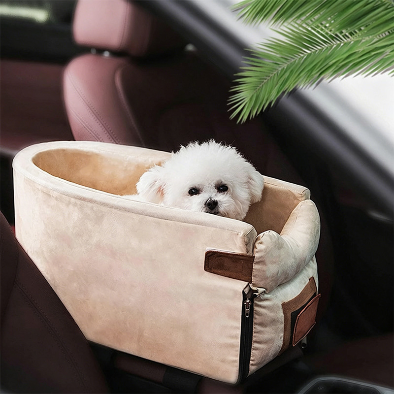 Champagne-Colored Car Center Console Pet Bed